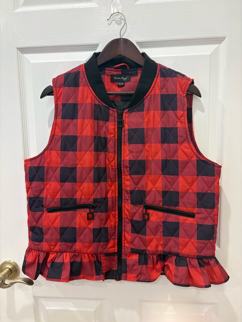 Charlie Paige Red and Black Quilted Buffalo-Check Ruffle Hem Vest